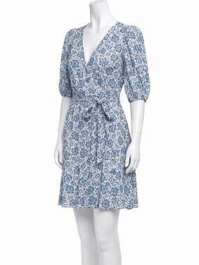 Reformation Olince Blue Floral Wrap Dress Medium Puff Sleeve Mini Cottagecore